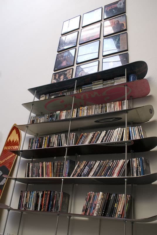 Bookshelf made from snowboards