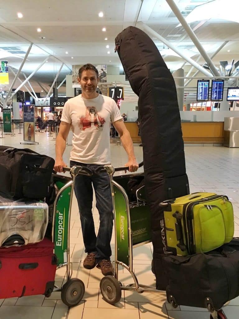 MICK WITH OUR OLD FLOPPY SNOWBOARD BAG